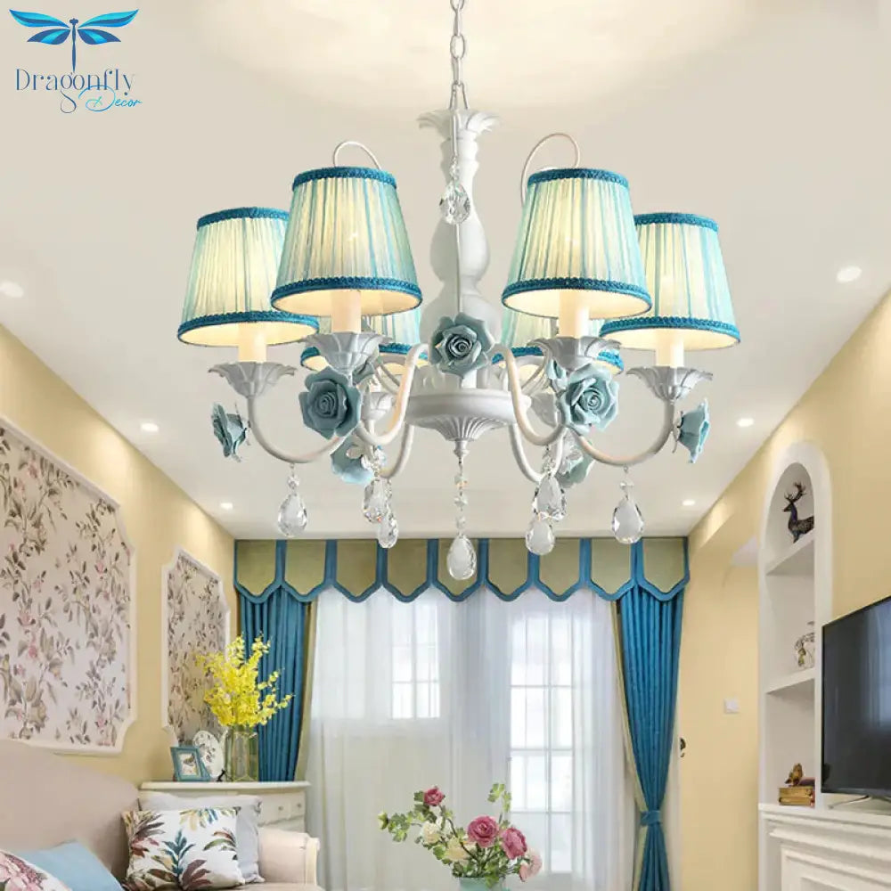 Pink/Blue 6 Heads Chandelier Lighting Korean Garden Metal Tapered Hanging Light Fixture With Fabric