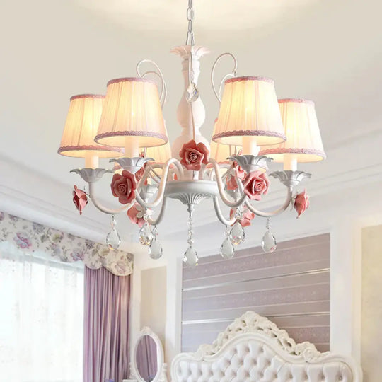 Pink/Blue 6 Heads Chandelier Lighting Korean Garden Metal Tapered Hanging Light Fixture With Fabric