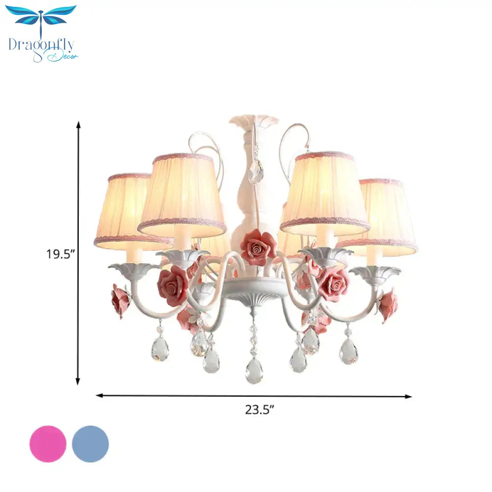 Pink/Blue 6 Heads Chandelier Lighting Korean Garden Metal Tapered Hanging Light Fixture With Fabric