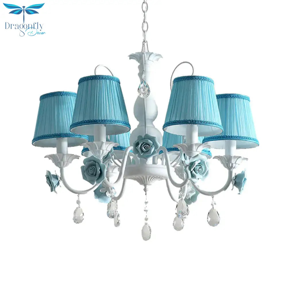 Pink/Blue 6 Heads Chandelier Lighting Korean Garden Metal Tapered Hanging Light Fixture With Fabric