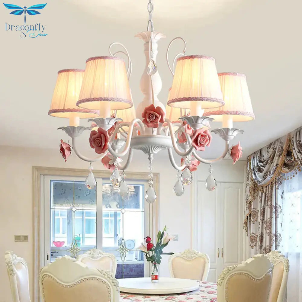 Pink/Blue 6 Heads Chandelier Lighting Korean Garden Metal Tapered Hanging Light Fixture With Fabric