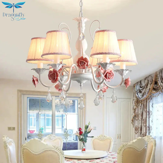 Pink/Blue 6 Heads Chandelier Lighting Korean Garden Metal Tapered Hanging Light Fixture With Fabric