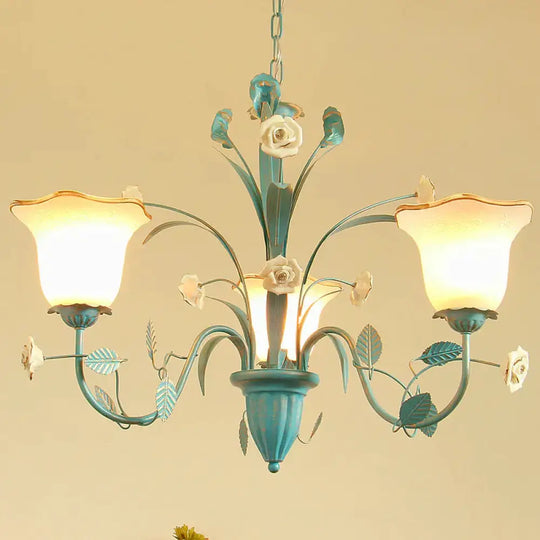 Pink/Blue Blossom Ceiling Chandelier Pastoral Milk Glass 3/5 Lights Dining Room Hanging Light