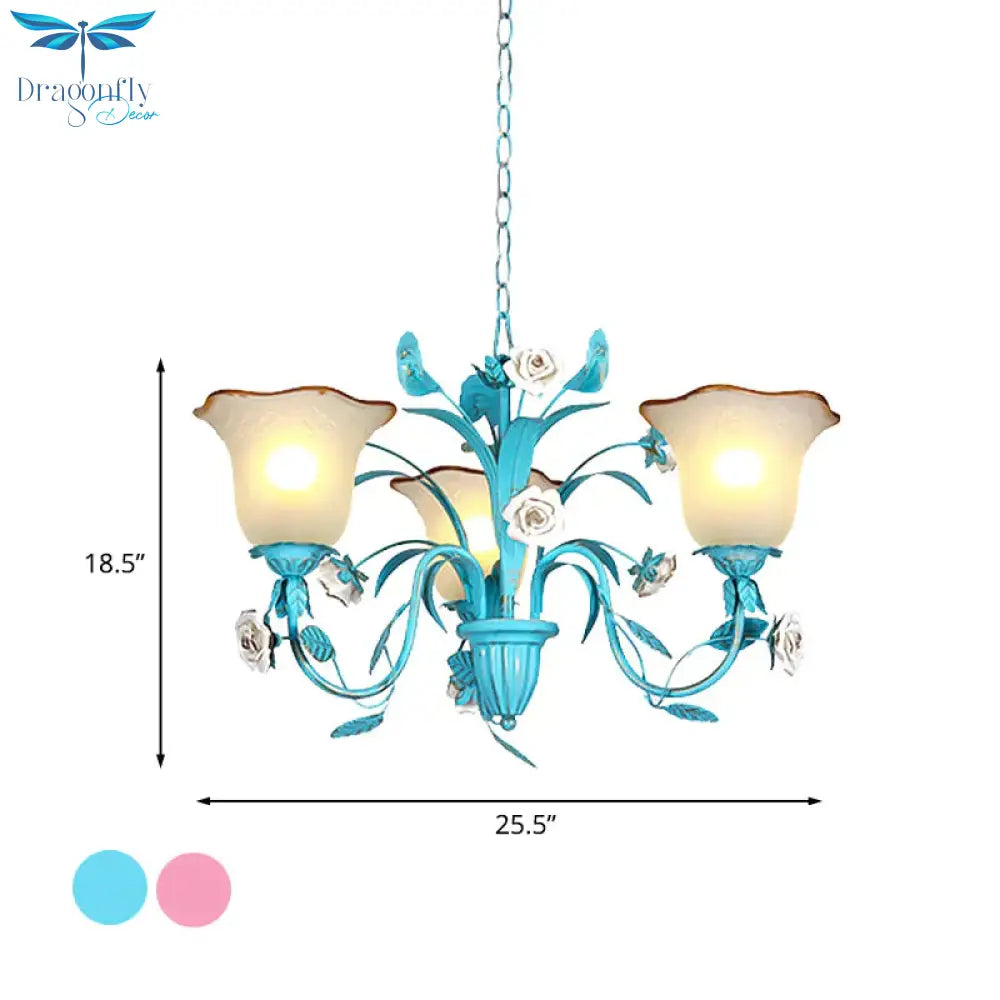 Pink/Blue Blossom Ceiling Chandelier Pastoral Milk Glass 3/5 Lights Dining Room Hanging Light