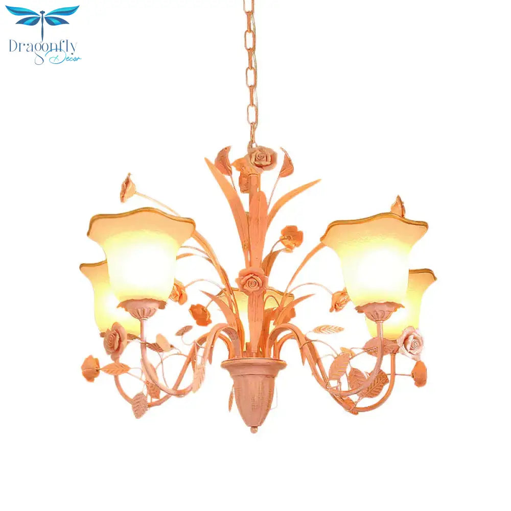 Pink/Blue Blossom Ceiling Chandelier Pastoral Milk Glass 3/5 Lights Dining Room Hanging Light