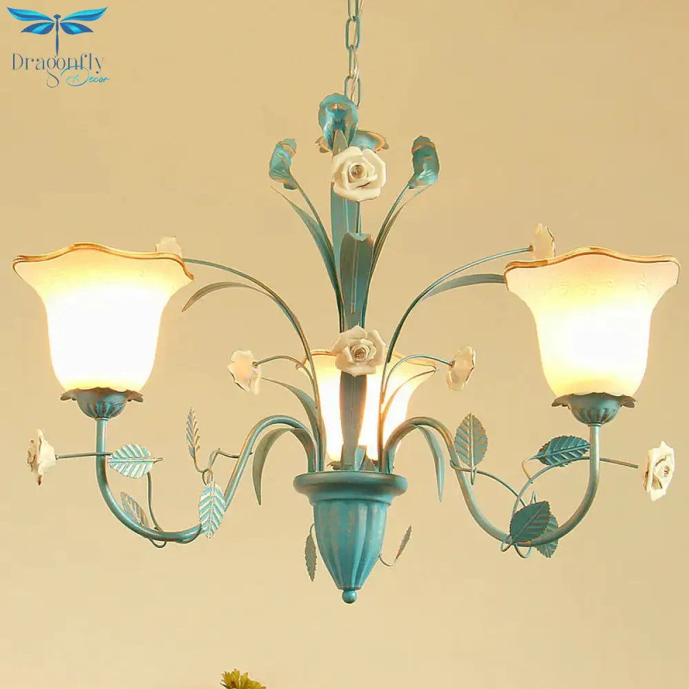 Pink/Blue Blossom Ceiling Chandelier Pastoral Milk Glass 3/5 Lights Dining Room Hanging Light