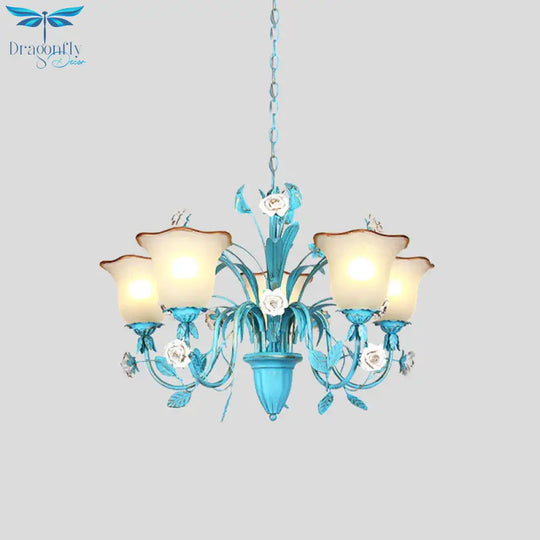 Pink/Blue Blossom Ceiling Chandelier Pastoral Milk Glass 3/5 Lights Dining Room Hanging Light