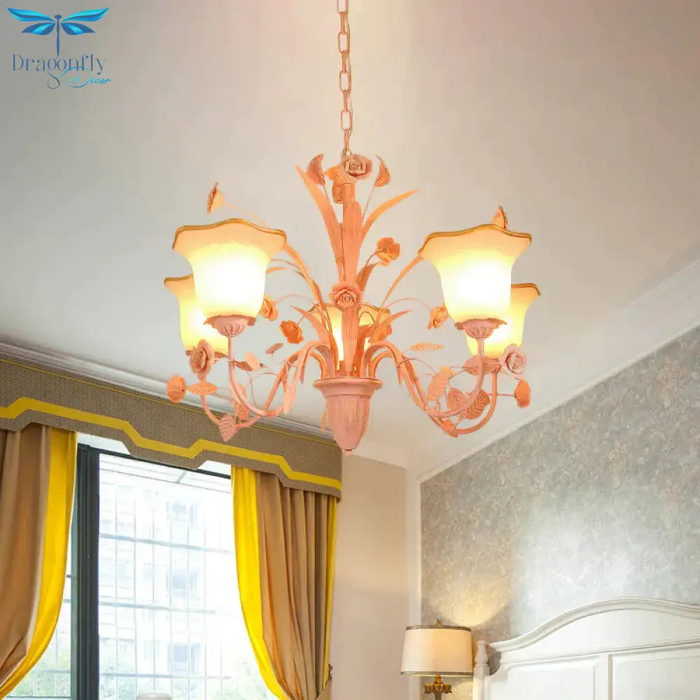 Pink/Blue Blossom Ceiling Chandelier Pastoral Milk Glass 3/5 Lights Dining Room Hanging Light