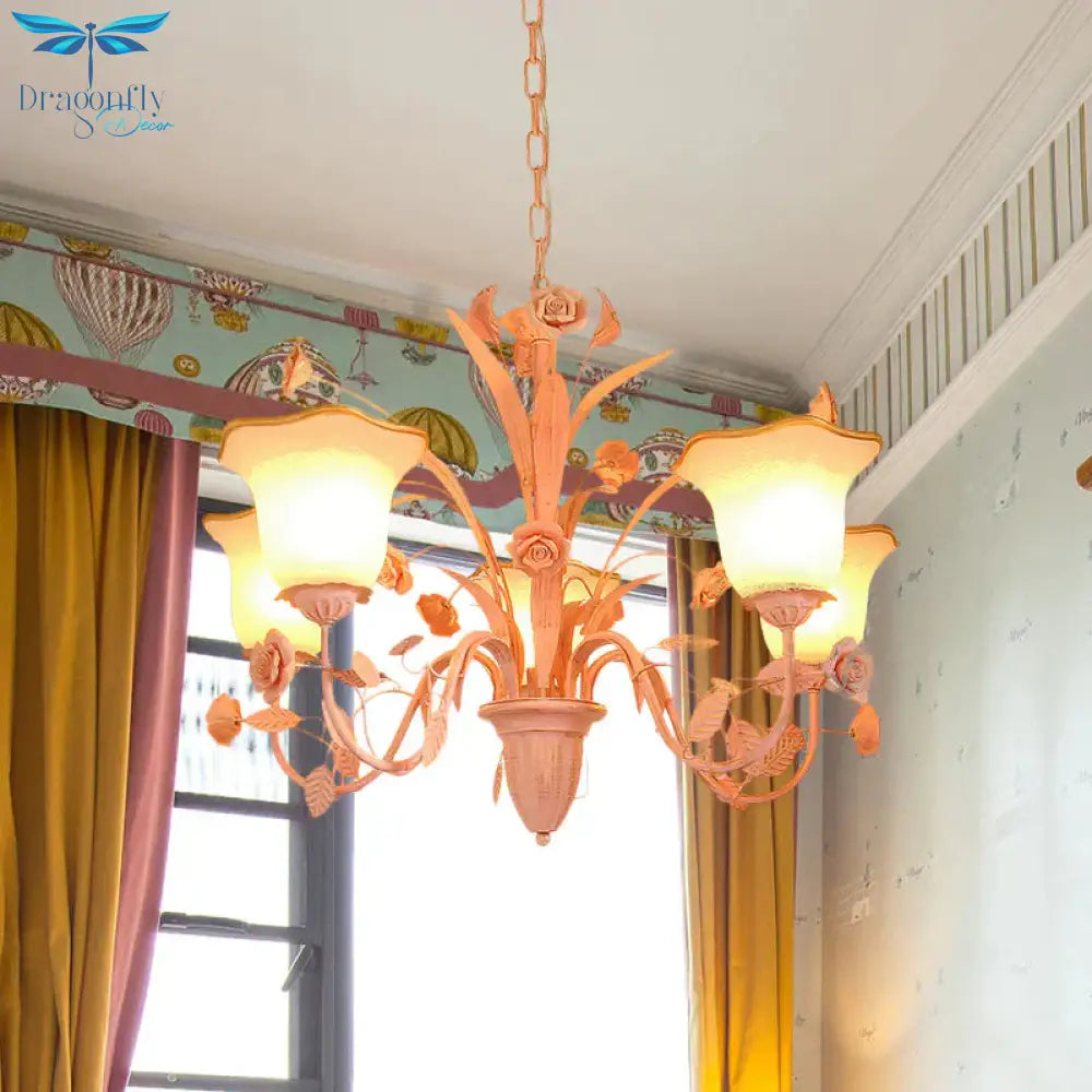 Pink/Blue Blossom Ceiling Chandelier Pastoral Milk Glass 3/5 Lights Dining Room Hanging Light