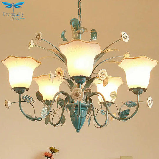 Pink/Blue Blossom Ceiling Chandelier Pastoral Milk Glass 3/5 Lights Dining Room Hanging Light