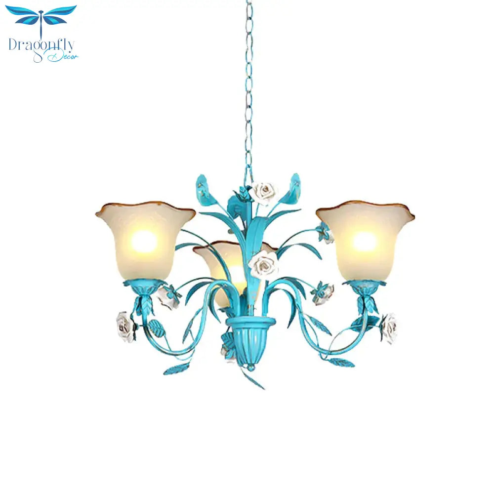 Pink/Blue Blossom Ceiling Chandelier Pastoral Milk Glass 3/5 Lights Dining Room Hanging Light