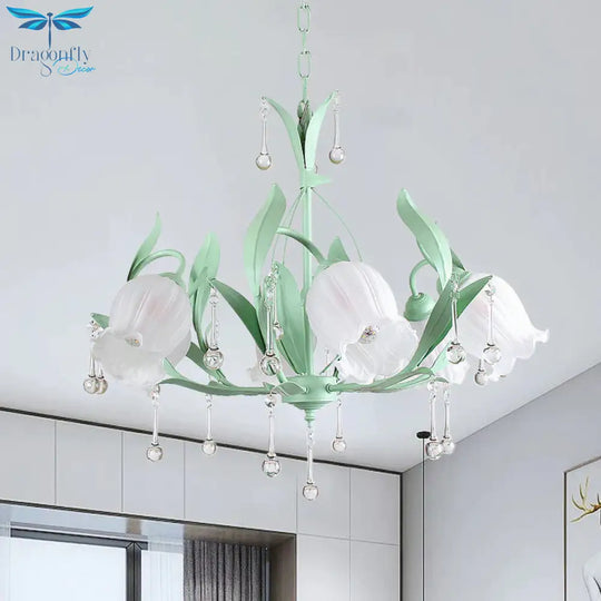 Pink/Blue/Green 6 Bulbs Chandelier Lamp Traditional Crystal Balls Floral Hanging Light Kit For