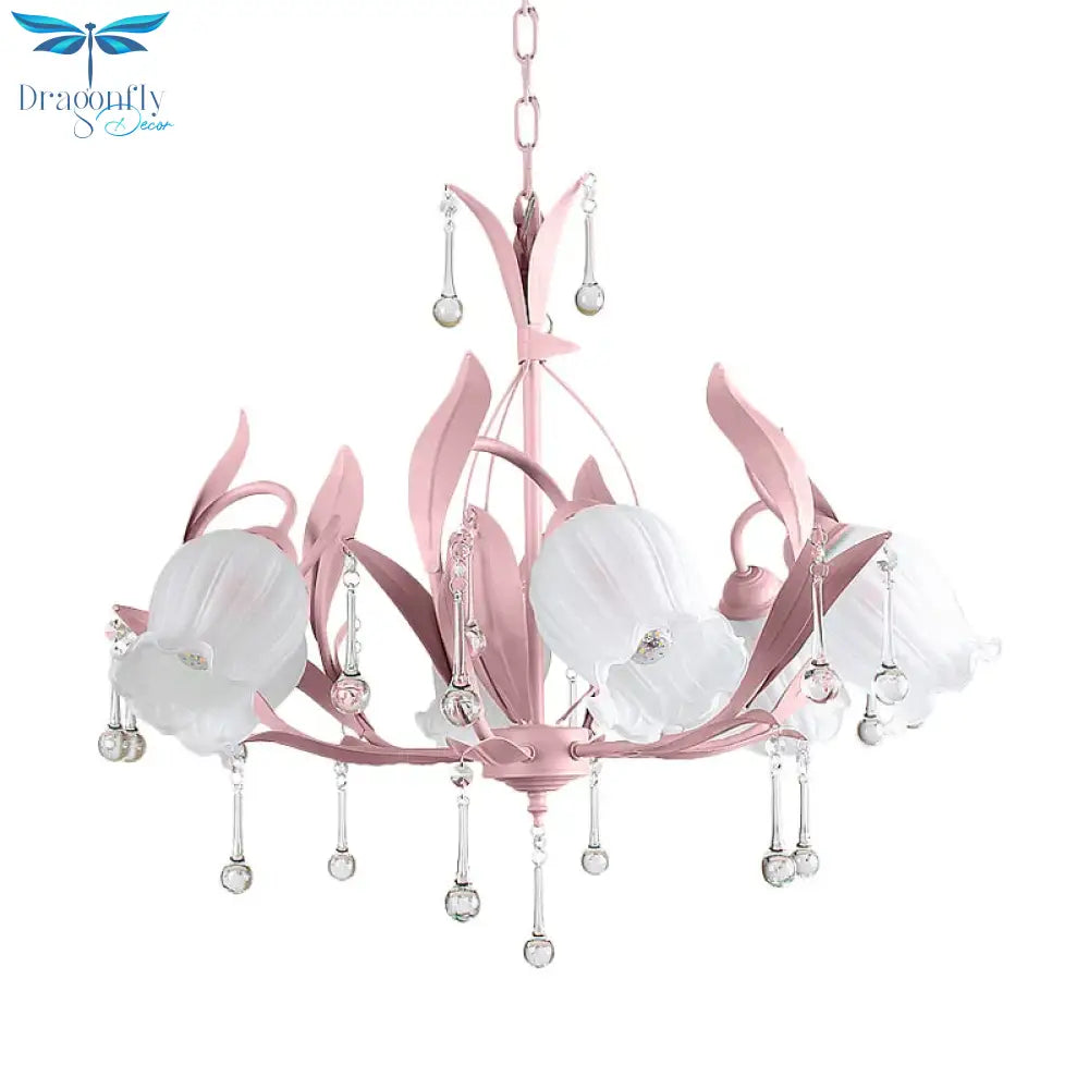Pink/Blue/Green 6 Bulbs Chandelier Lamp Traditional Crystal Balls Floral Hanging Light Kit For