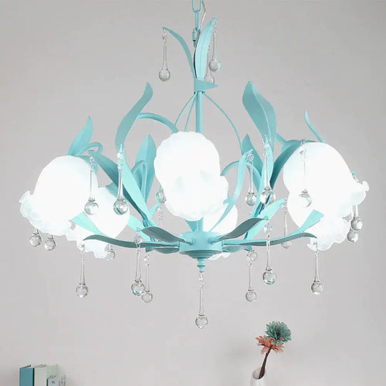 Pink/Blue/Green 6 Bulbs Chandelier Lamp Traditional Crystal Balls Floral Hanging Light Kit For