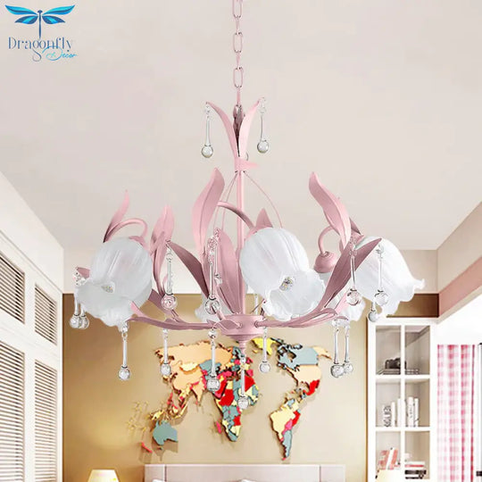 Pink/Blue/Green 6 Bulbs Chandelier Lamp Traditional Crystal Balls Floral Hanging Light Kit For