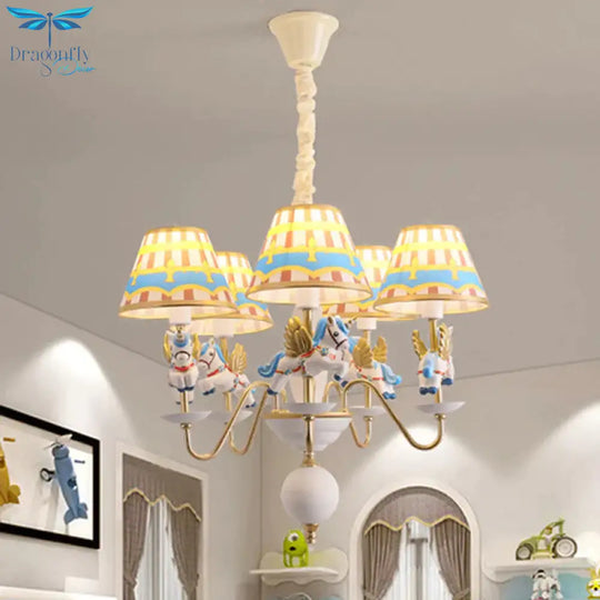 Pink/Blue Tapered Pendant Chandelier Cartoon 5 Lights Fabric Ceiling Light With Unicorn Decoration