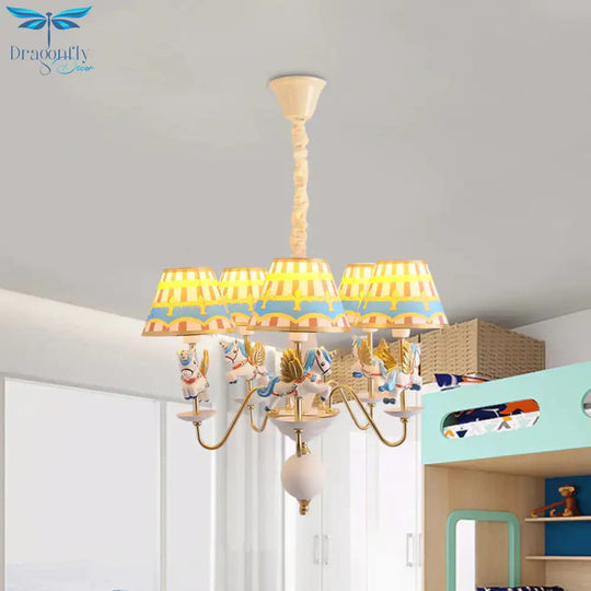 Pink/Blue Tapered Pendant Chandelier Cartoon 5 Lights Fabric Ceiling Light With Unicorn Decoration