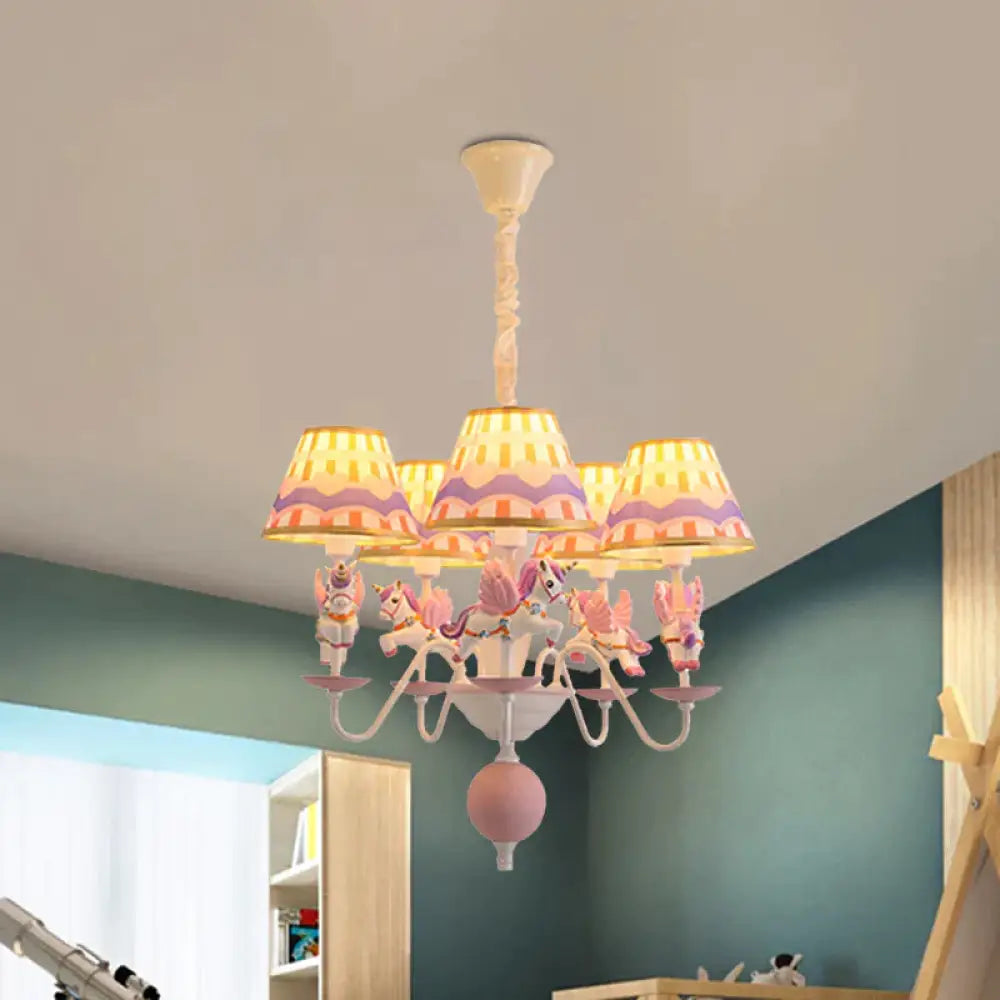 Pink/Blue Tapered Pendant Chandelier Cartoon 5 Lights Fabric Ceiling Light With Unicorn Decoration