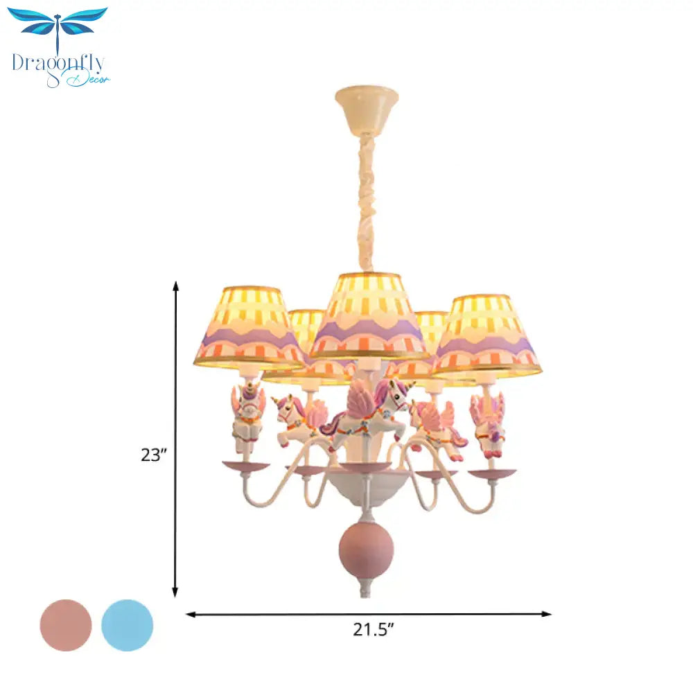 Pink/Blue Tapered Pendant Chandelier Cartoon 5 Lights Fabric Ceiling Light With Unicorn Decoration