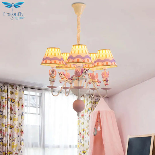 Pink/Blue Tapered Pendant Chandelier Cartoon 5 Lights Fabric Ceiling Light With Unicorn Decoration