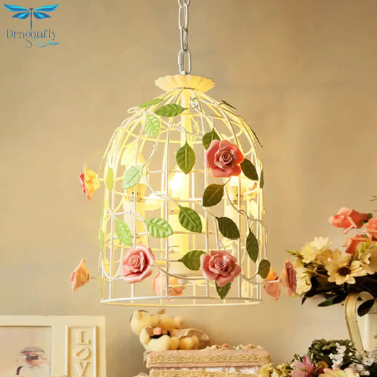 Pink Rose Vine And Birdcage Chandelier Korean Flower Iron 3 Bulbs Dining Table Suspension Lighting