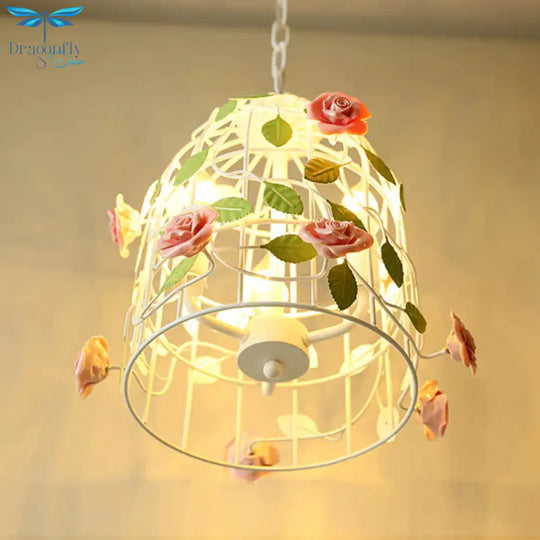 Pink Rose Vine And Birdcage Chandelier Korean Flower Iron 3 Bulbs Dining Table Suspension Lighting