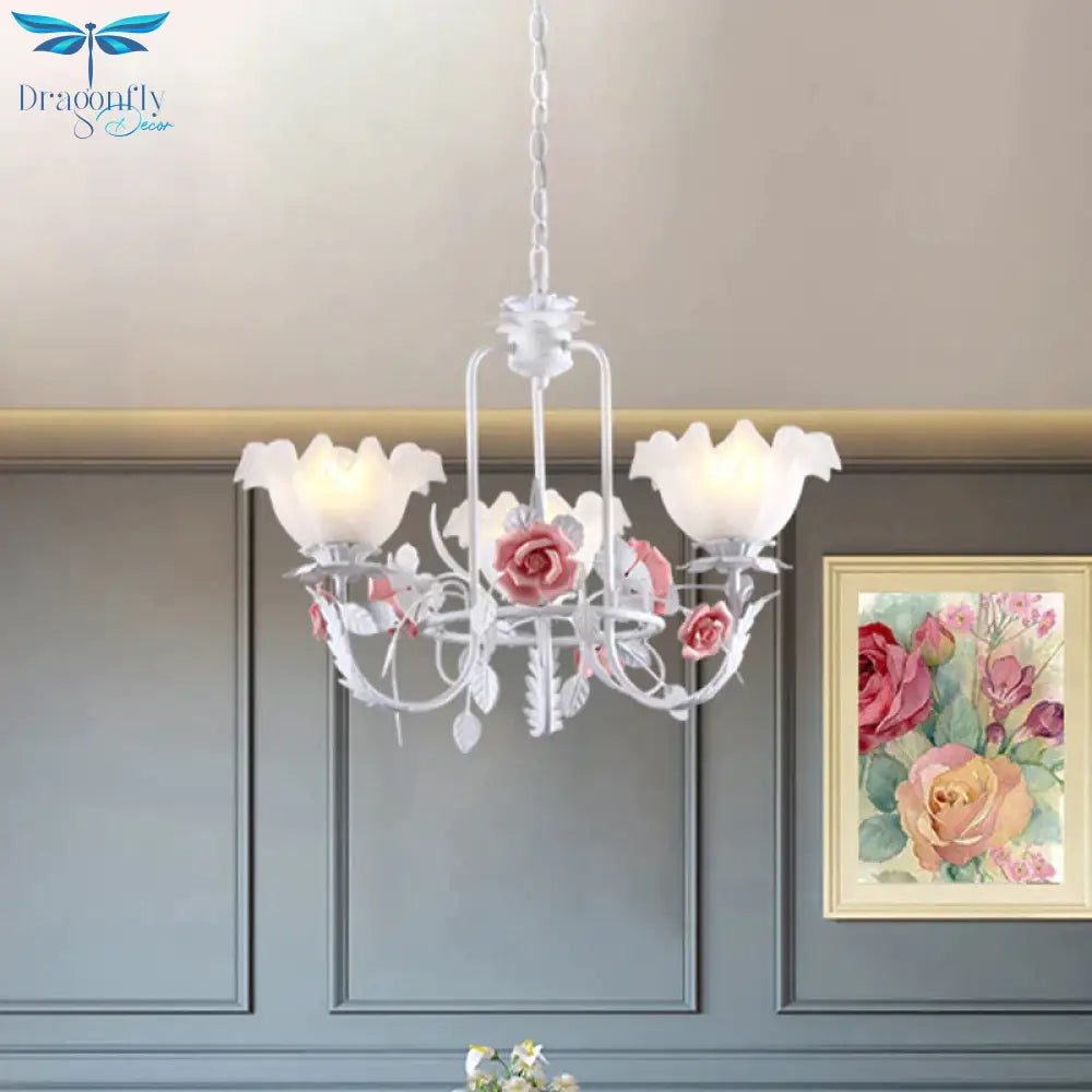 Pink Scalloped Suspension Pendant Light Countryside White Glass 3 Lights Dining Room Chandelier