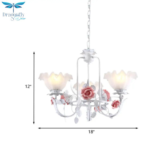 Pink Scalloped Suspension Pendant Light Countryside White Glass 3 Lights Dining Room Chandelier