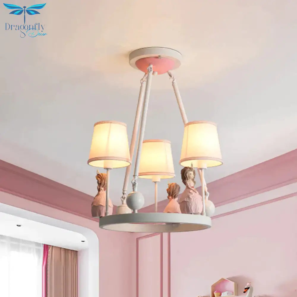 Pink Tapered Shade Hanging Pendant Lights With Princess Cartoon Fabric Chandelier For Girls Bedroom