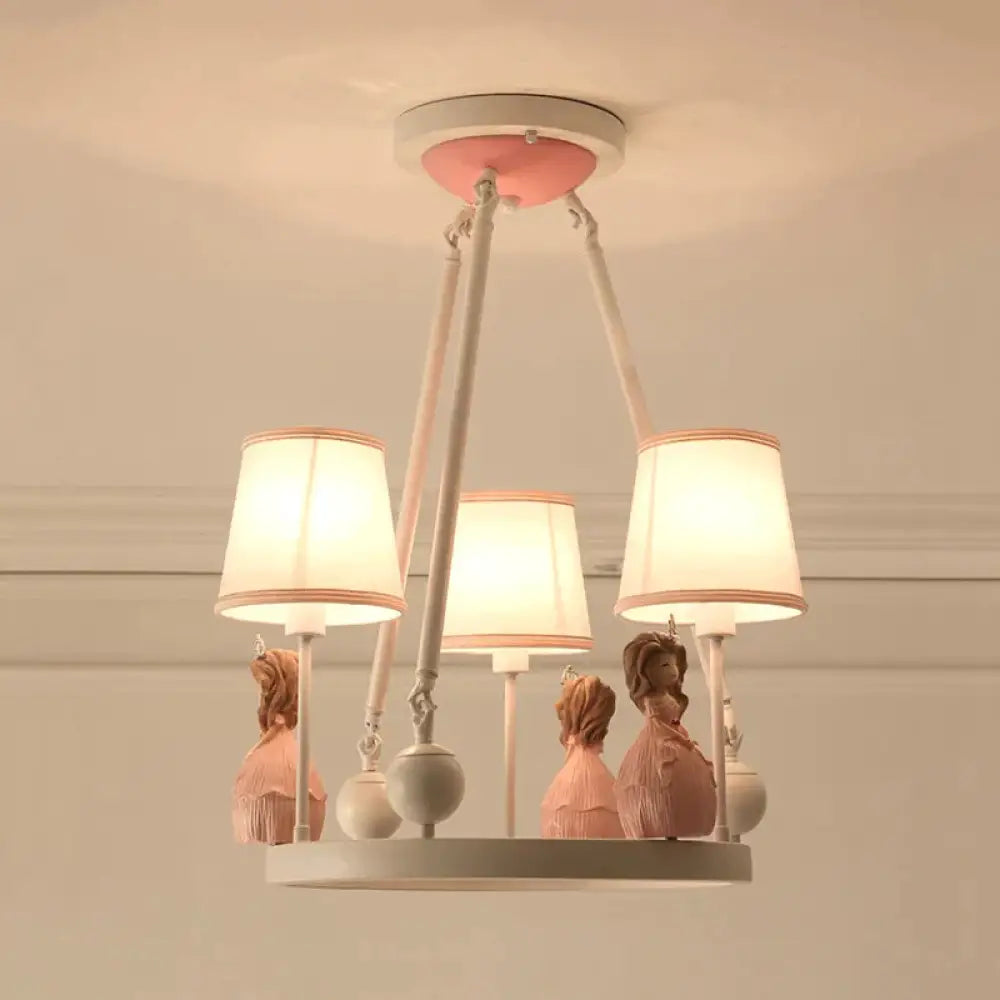 Pink Tapered Shade Hanging Pendant Lights With Princess Cartoon Fabric Chandelier For Girls Bedroom