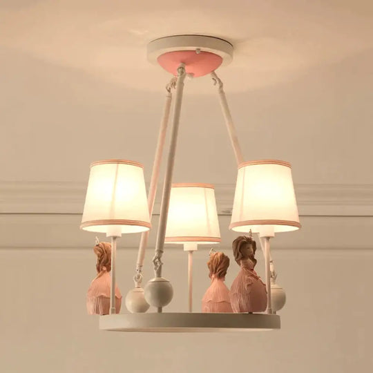 Pink Tapered Shade Hanging Pendant Lights With Princess Cartoon Fabric Chandelier For Girls Bedroom