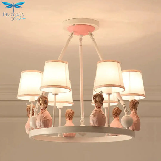 Pink Tapered Shade Hanging Pendant Lights With Princess Cartoon Fabric Chandelier For Girls Bedroom