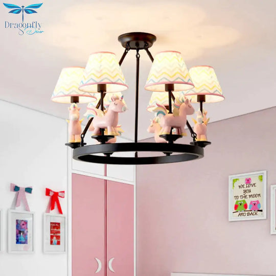 Pink Unicorn Pendulum Light With Black Ring Design Cartoon 6 Heads Fabric Ceiling Chandelier