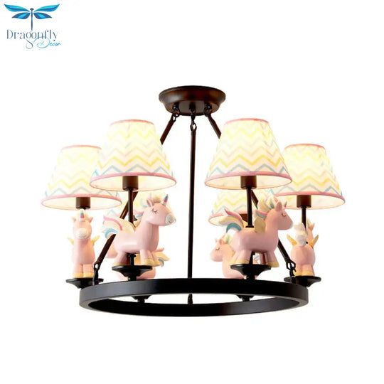 Pink Unicorn Pendulum Light With Black Ring Design Cartoon 6 Heads Fabric Ceiling Chandelier