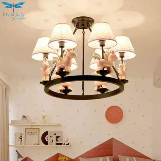 Pink Unicorn Pendulum Light With Black Ring Design Cartoon 6 Heads Fabric Ceiling Chandelier