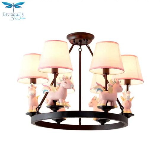 Pink Unicorn Pendulum Light With Black Ring Design Cartoon 6 Heads Fabric Ceiling Chandelier