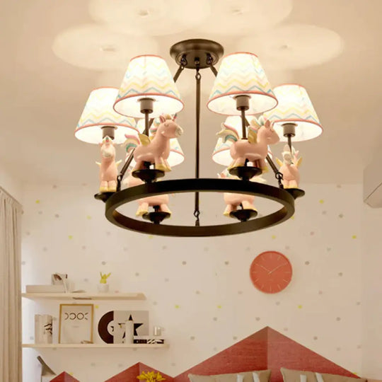 Pink Unicorn Pendulum Light With Black Ring Design Cartoon 6 Heads Fabric Ceiling Chandelier / A