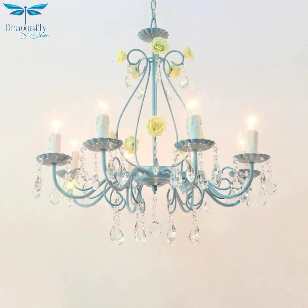 Pink/Yellow Candle Hanging Chandelier Traditional Clear Crystal 5/8 Lights Living Room Ceiling
