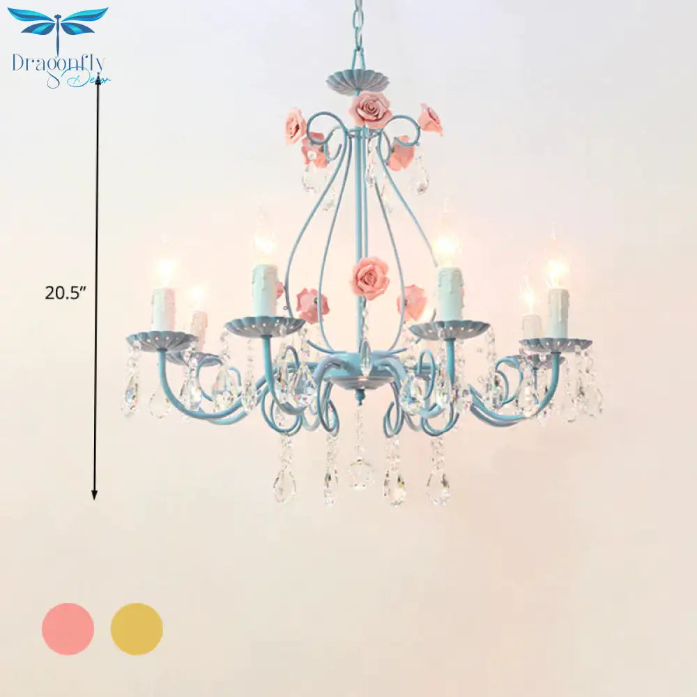 Pink/Yellow Candle Hanging Chandelier Traditional Clear Crystal 5/8 Lights Living Room Ceiling
