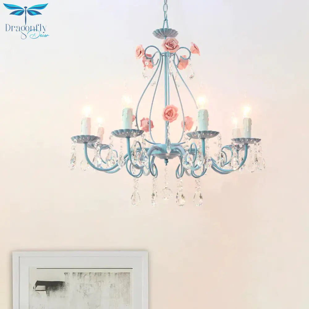 Pink/Yellow Candle Hanging Chandelier Traditional Clear Crystal 5/8 Lights Living Room Ceiling
