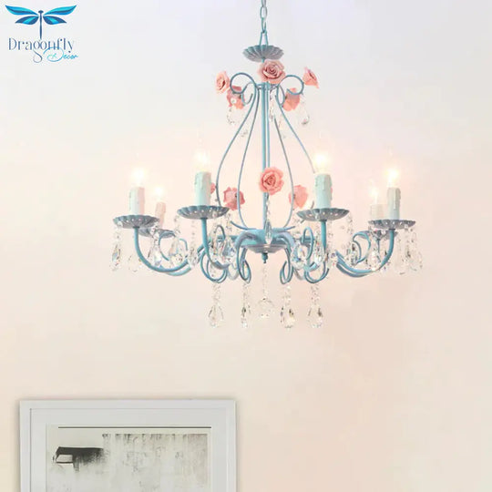 Pink/Yellow Candle Hanging Chandelier Traditional Clear Crystal 5/8 Lights Living Room Ceiling