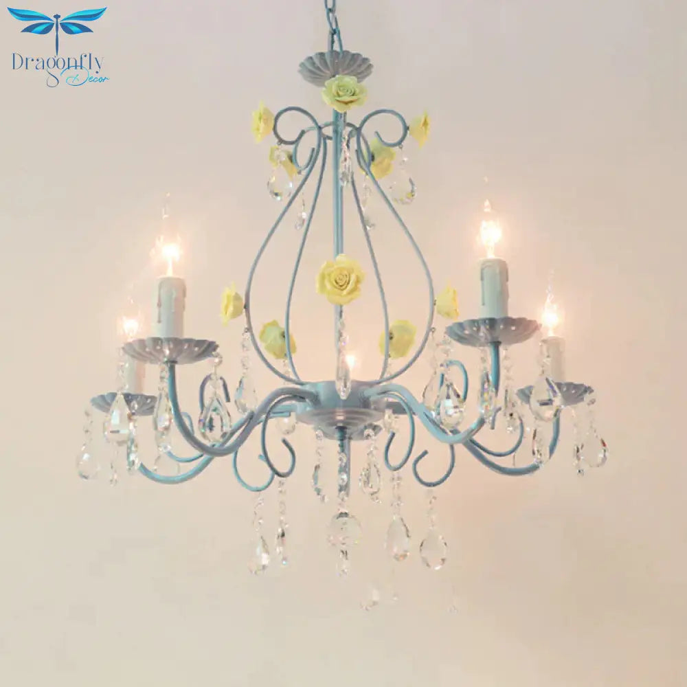 Pink/Yellow Candle Hanging Chandelier Traditional Clear Crystal 5/8 Lights Living Room Ceiling