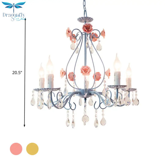 Pink/Yellow Candle Hanging Chandelier Traditional Clear Crystal 5/8 Lights Living Room Ceiling