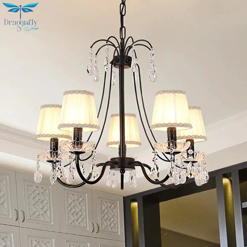 Pleated Fabric Cone Hanging Light Countryside 5 Heads Bedroom Chandelier With Braided Trim And