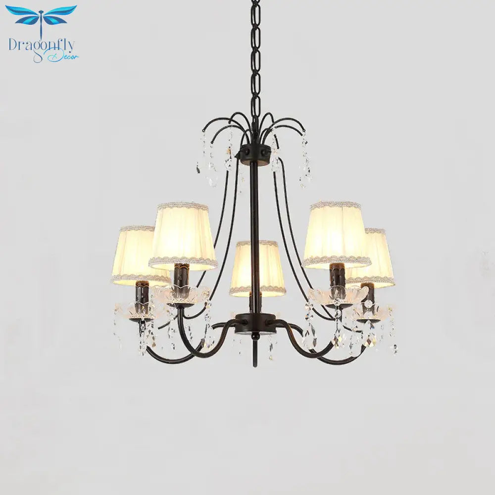 Pleated Fabric Cone Hanging Light Countryside 5 Heads Bedroom Chandelier With Braided Trim And