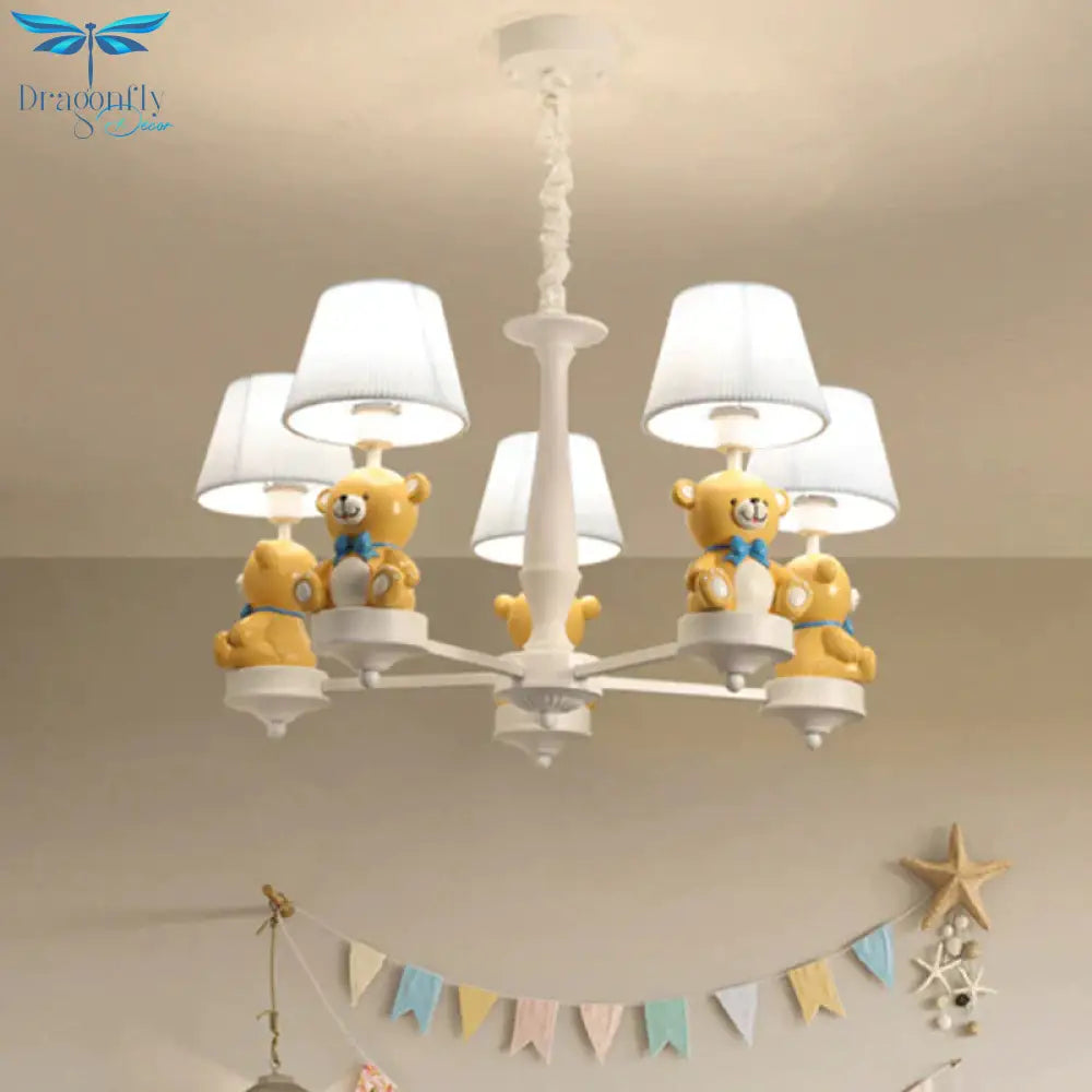 Pleated Fabric Tapered Chandelier Cartoon 3/5 - Bulb White Hanging Lamp With Bear Decoration