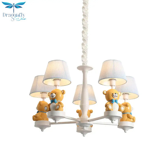 Pleated Fabric Tapered Chandelier Cartoon 3/5 - Bulb White Hanging Lamp With Bear Decoration