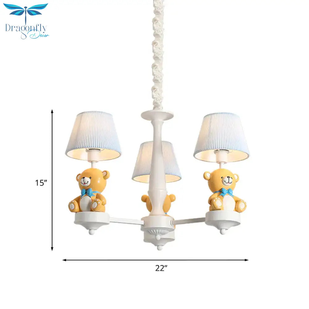 Pleated Fabric Tapered Chandelier Cartoon 3/5 - Bulb White Hanging Lamp With Bear Decoration