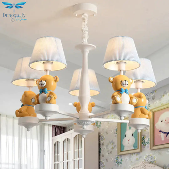 Pleated Fabric Tapered Chandelier Cartoon 3/5 - Bulb White Hanging Lamp With Bear Decoration