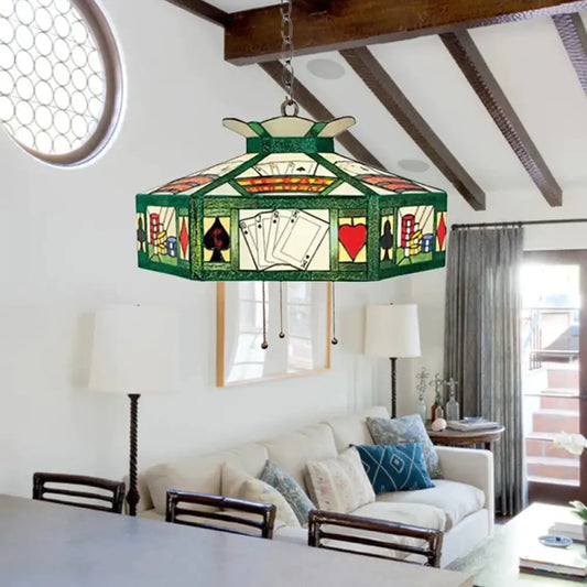 Poker Hanging Lamp Tiffany - Style 3 Bulbs White - Yellow/Green - White Handcrafted Art Glass